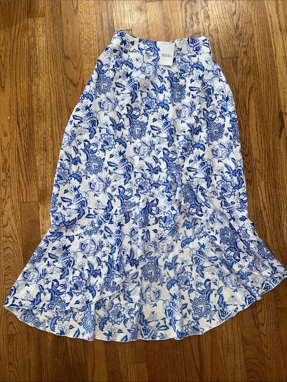 Masala Blue  and White Floral Ruffle Midi Skirt Medium NWT